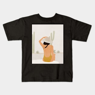 Woman, Hat, Cacti, Boho style art, Mid century art Kids T-Shirt